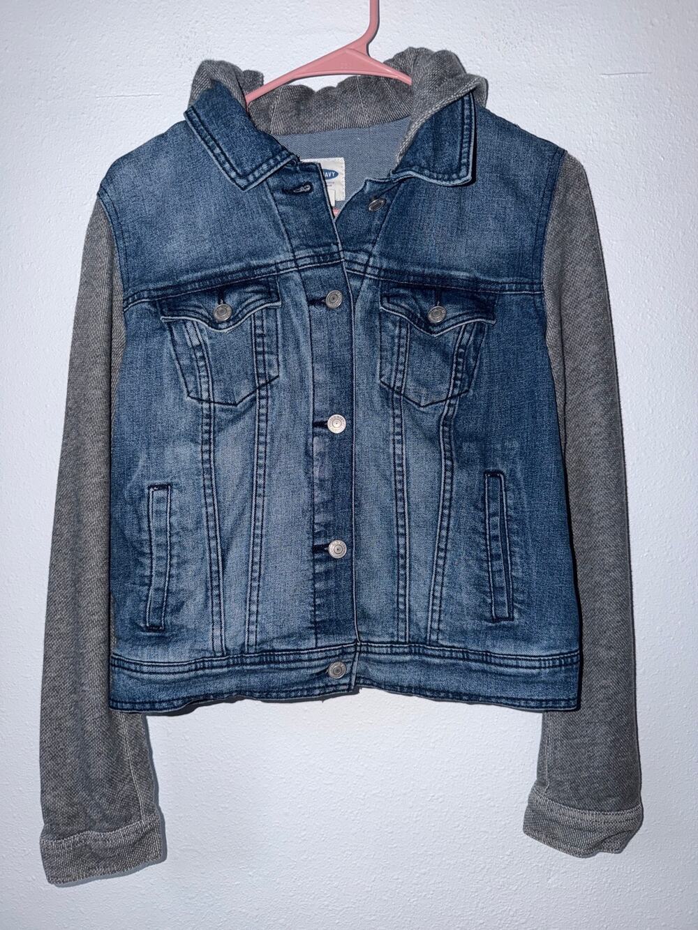 Hybrid Denim Sweatshirt Hoodie Blue Jacket with Gray Sleeves Y2K Style Size M